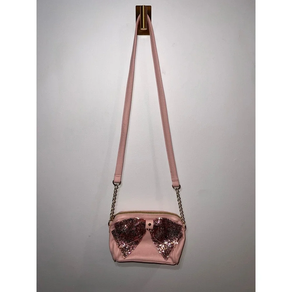 RARE Betsey Johnson Coquette Pink Sequins Bow Crossbody Bag Gold Heart Bag Charm